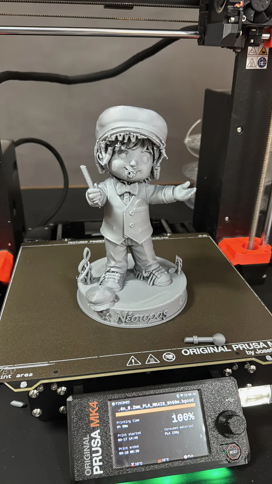 Custom figurine finished on a Prusa MK4 — 9 h 50 m print time, 238 g of PLA